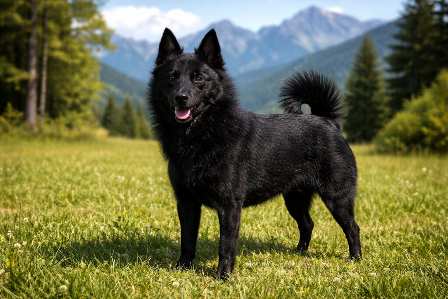 Fotorealistisches KI-Bild eines Schipperke-Hundes, der auf einer sonnigen Wiese vor einer Bergkette mit einigen Bäumen steht und direkt in die Kamera schaut. 
