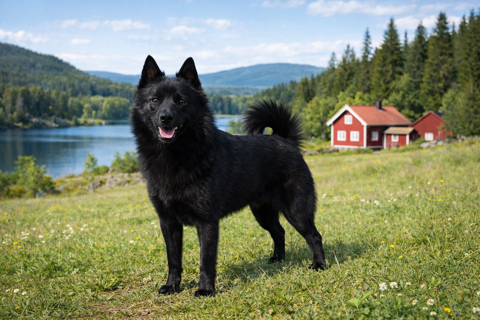Fotorealistisches KI-Bild eines Schwedischen -Lapphundes, der in einer sonnigen schwedischen Landschaft mit See, Wiesen und roten Holzhäusern steht und in die Kamera schaut. 
