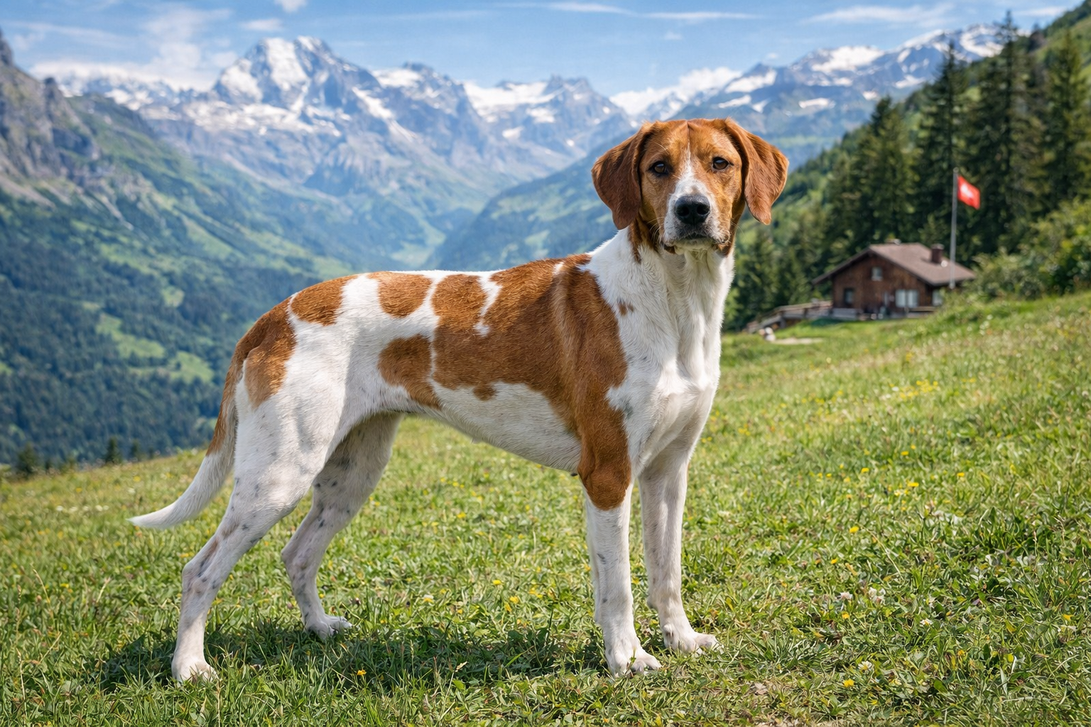 Fotorealistisches KI-Bild eines Schweizer-Laufhundes, der auf einer sonnigen Wiese in einer Schweizer Alpenlandschaft mit Bergen und einem Chalet im Hintergrund steht und in die Kamera schaut. 