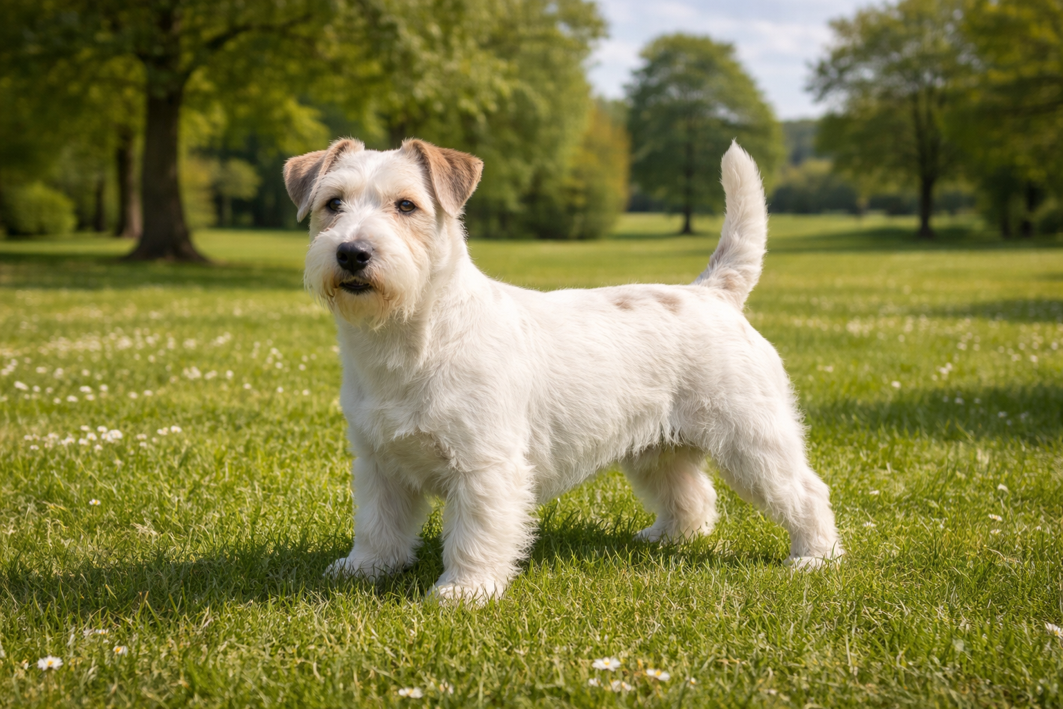 Fotorealistisches KI-Bild eines Sealyham-Terriers, der in einer sonnigen englischen Parkanlage auf einer Wiese steht und in die Kamera schaut, ohne Halsband, im Querformat. 