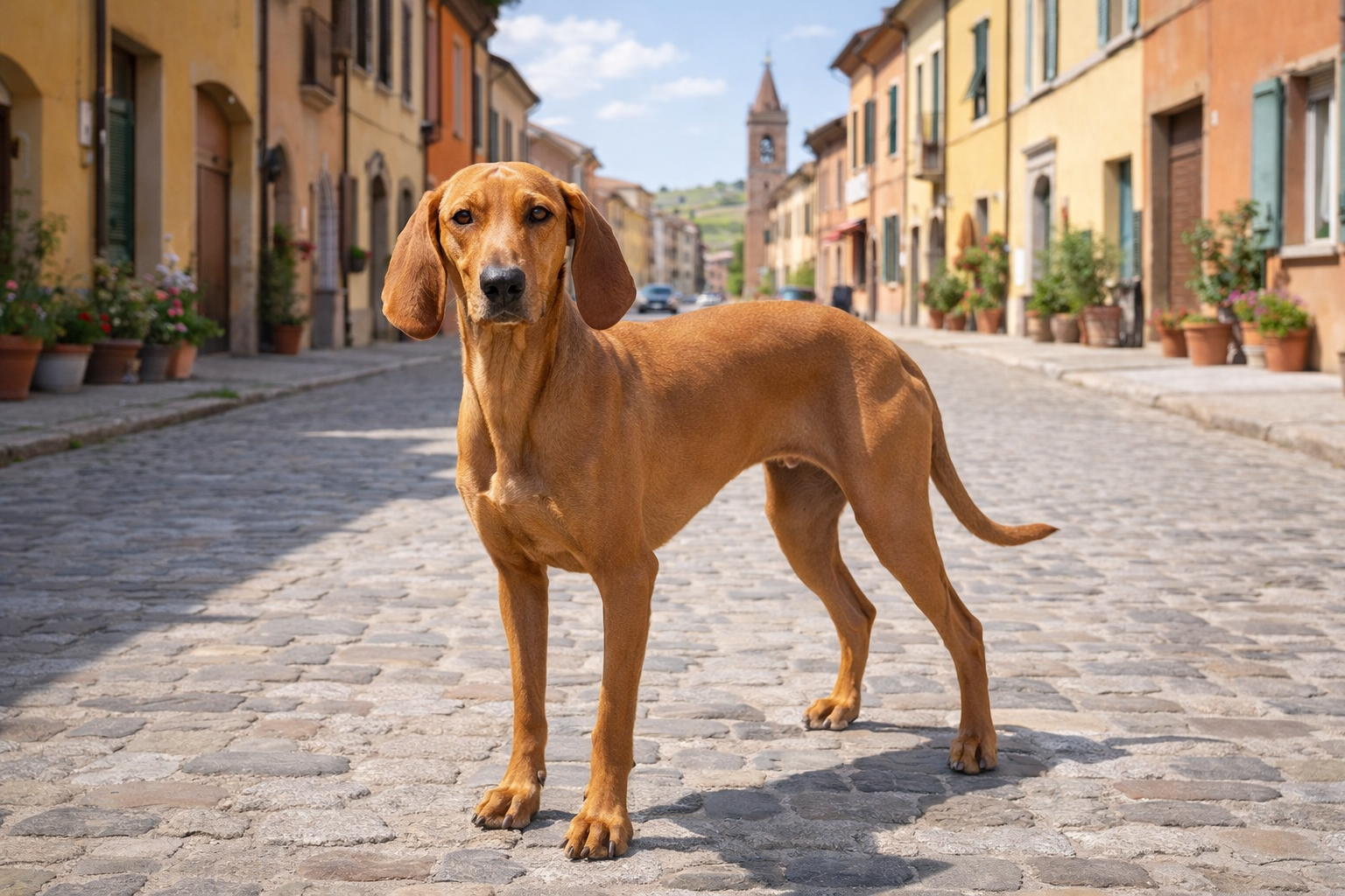 Fotorealistisches KI-Bild eines Segugio Italiano (Kurzhaar), der auf einer sonnigen Straße in der Emilia-Romagna in Italien steht und in die Kamera schaut, ohne Halsband, im Querformat. 
