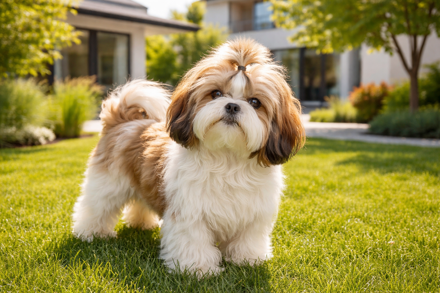 Fotorealistisches KI-Bild eines Shih Tzu Hundes, der in einem sonnigen Garten vor einer modernen Wohnsiedlung steht und in die Kamera schaut. 