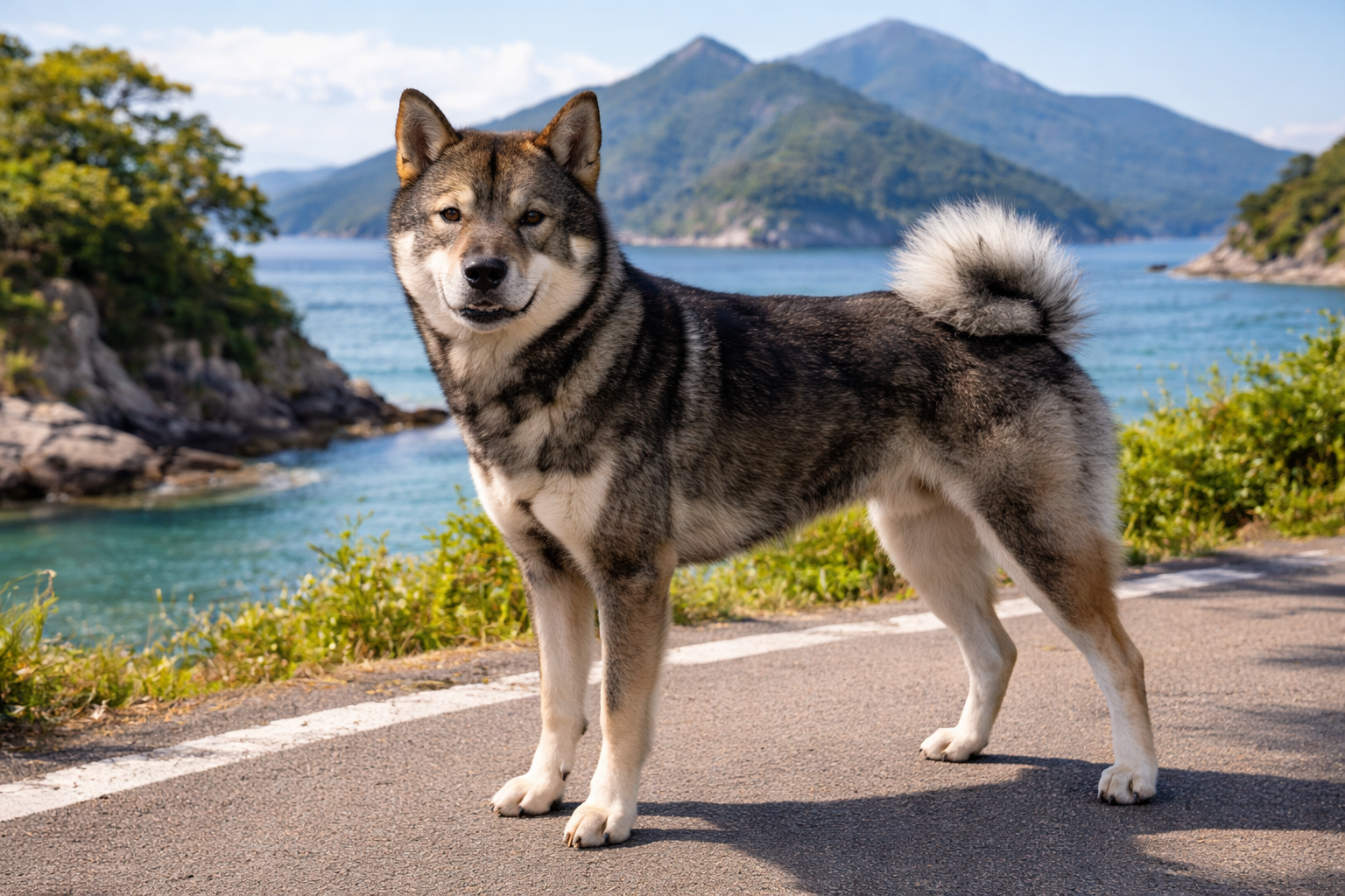 Fotorealistisches KI-Bild eines Shikoku Hundes, der auf einer sonnigen Straße auf einer japanischen Insel mit Bergen im Hintergrund steht und in die Kamera schaut. 