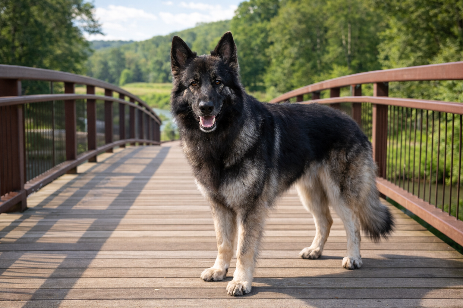 Fotorealistisches KI-Bild eines Shiloh Shepherd Hundes, der auf einer sonnigen Fußgängerbrücke über einem Fluss mit Wald und Wiese im Hintergrund steht und in die Kamera schaut. 