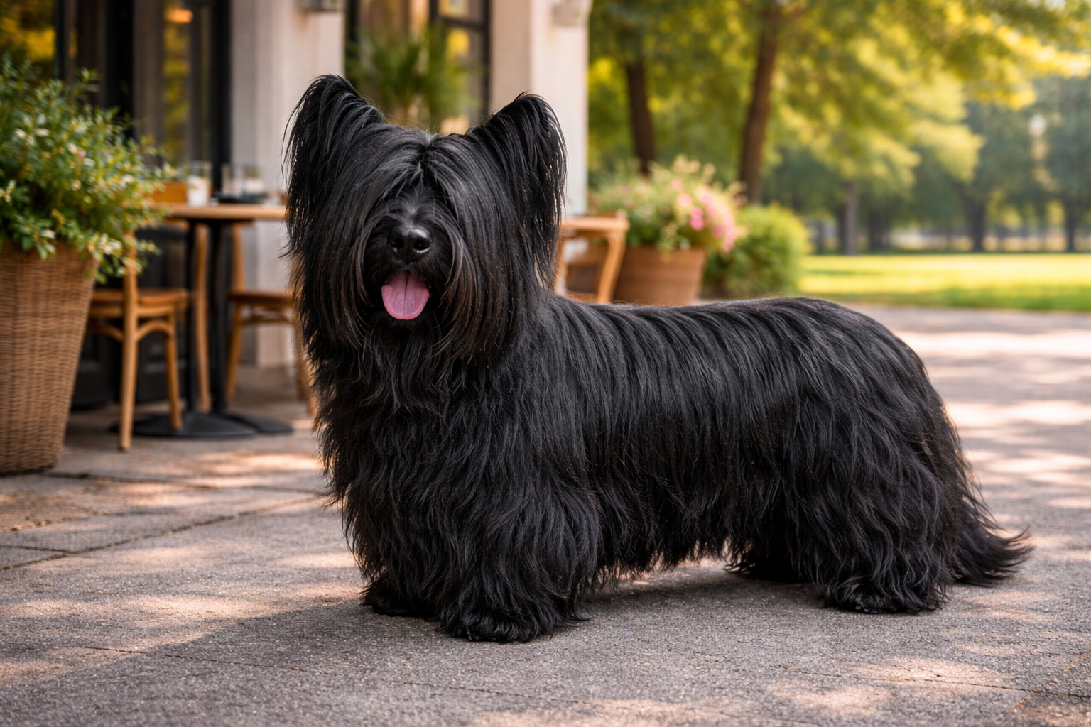 Fotorealistisches KI-Bild eines Skye Terrier Hundes, der an einem sonnigen Tag vor einem Café mit Park im Hintergrund steht und in die Kamera schaut. 