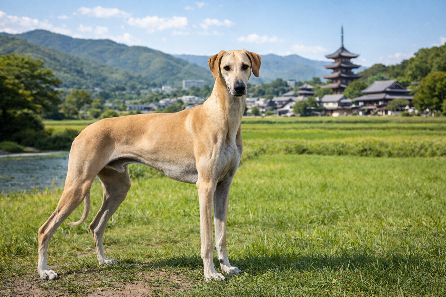 Fotorealistisches KI-Bild eines Sloughi Hundes, der in einer sonnigen asiatischen Graslandschaft mit einer kleinen Stadt im Hintergrund steht und in die Kamera schaut. 