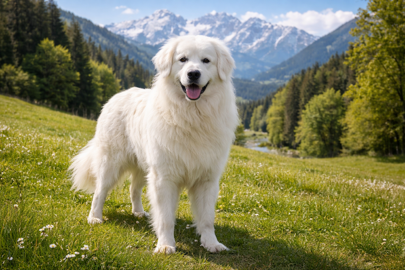 Fotorealistisches KI-Bild eines Slovensky Cuvac Hundes, der frontal in einer sonnigen Landschaft mit schneebedeckten Bergen im Hintergrund steht und in die Kamera schaut. 