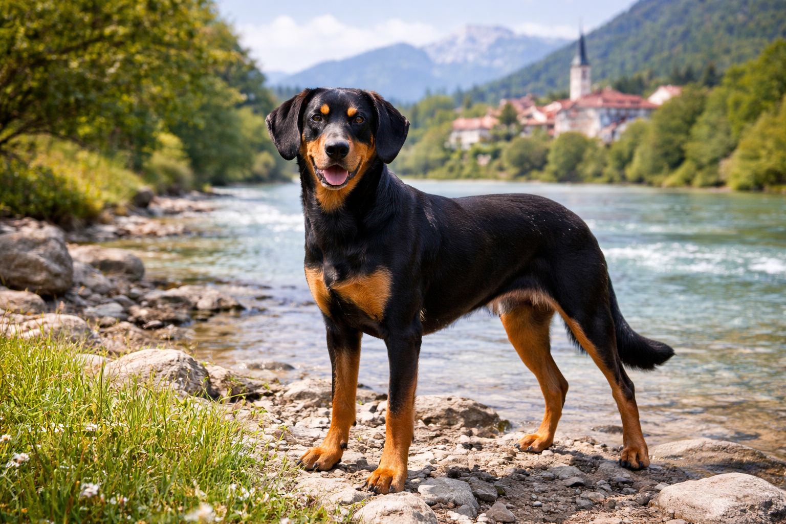 Fotorealistisches KI-Bild eines Slovensky Kopov Hundes, der an einem sonnigen Fluss in einer slowenischen Landschaft mit Stadt im Hintergrund steht und in die Kamera schaut.