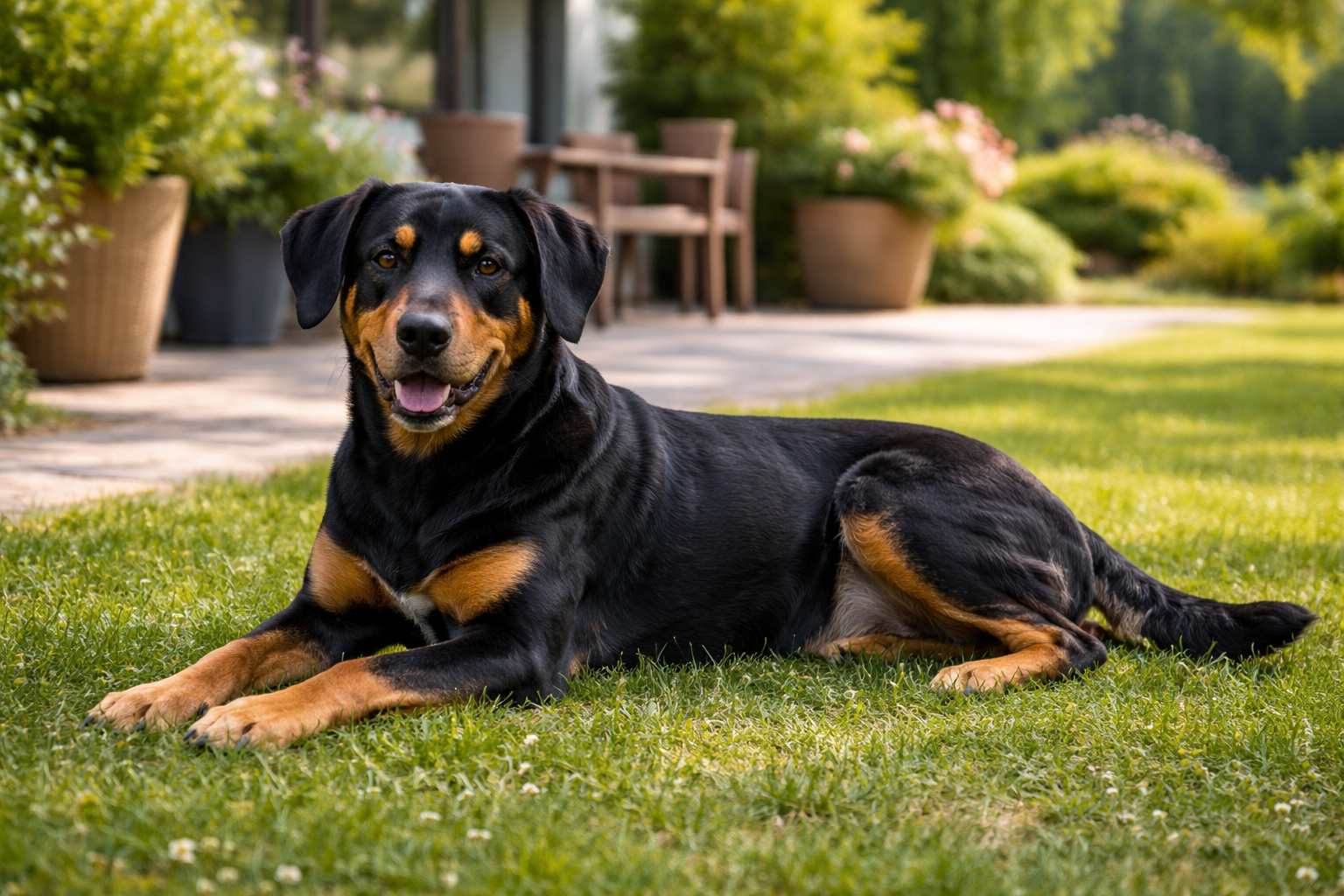 Fotorealistisches KI-Bild eines Smaland-Stövare Hundes, der in einem sonnigen Garten vor einer Terrasse liegt und in die Kamera schaut. 