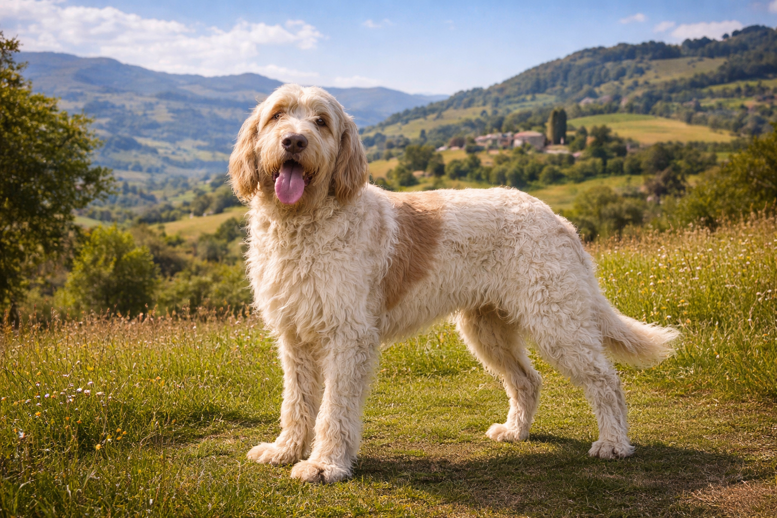 Fotorealistisches KI-Bild eines Spinone Italiano Hundes, der in einer sonnigen Hügellandschaft der Emilia Romagna in Italien steht und in die Kamera schaut. 