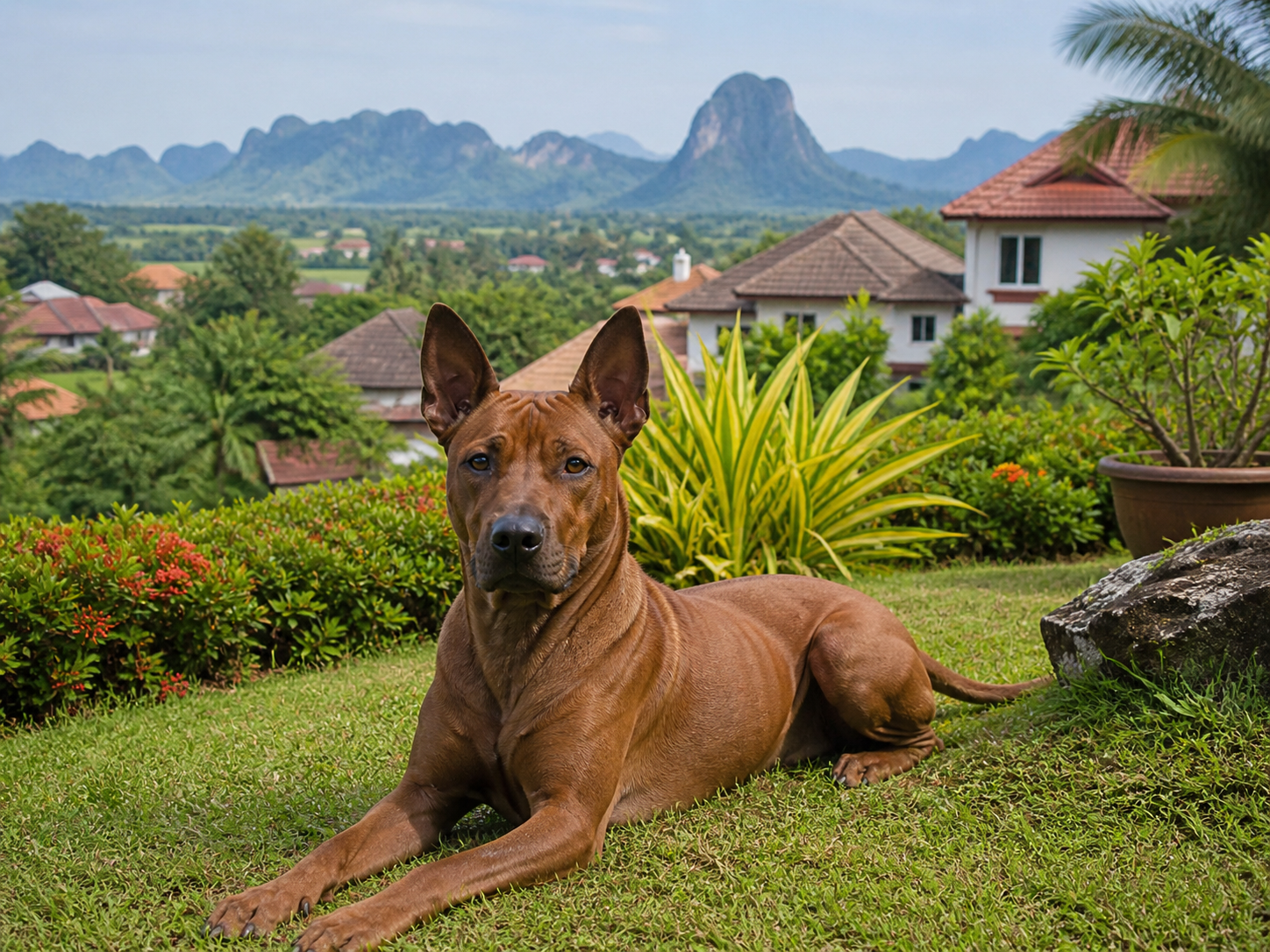 Fotorealistisches KI Bild eines Thai Ridgeback mit rotbraunem Fell liegt auf den Vorderbeinen in einem sonnigen Garten einer Wohnsiedlung in Ostthailand