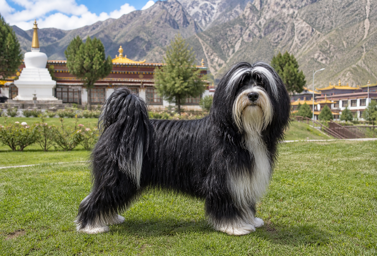 Fotorealistisches KI Bild eines Tibet-Terriers mit langem, zotteligem schwarz-weißem Fell und weißem Bereich am Körper steht quer zur Kamera in einer sonnigen tibetischen Landschaft