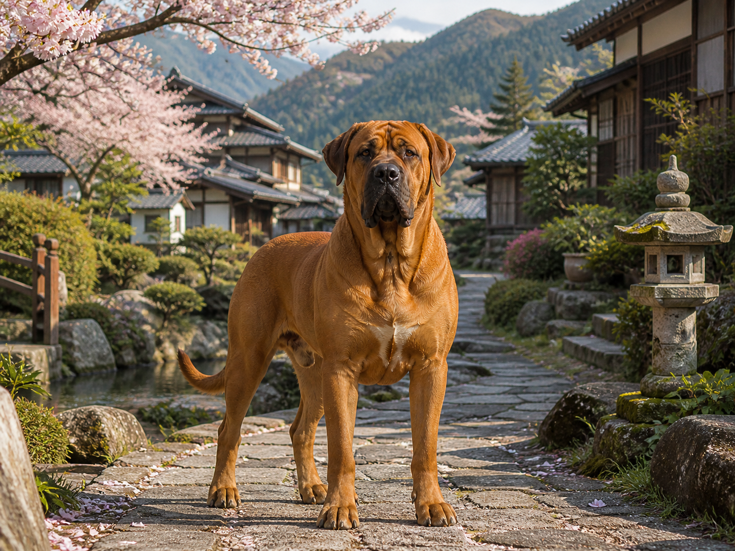 Fotorealistisches KI Bild eines Tosa mit muskulösem Körper und kurzhaarigem rotbraunem Fell steht frontal zur Kamera in einer sonnigen japanischen Landschaft mit traditionellen Häusern