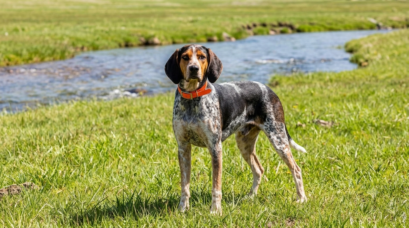 Ein fotorealistisches, KI-generiertes Bild eines stehenden Treeing Walker Coonhounds auf einer grünen Wiese vor einem Fluss, der aufmerksam in die Kamera blickt. 