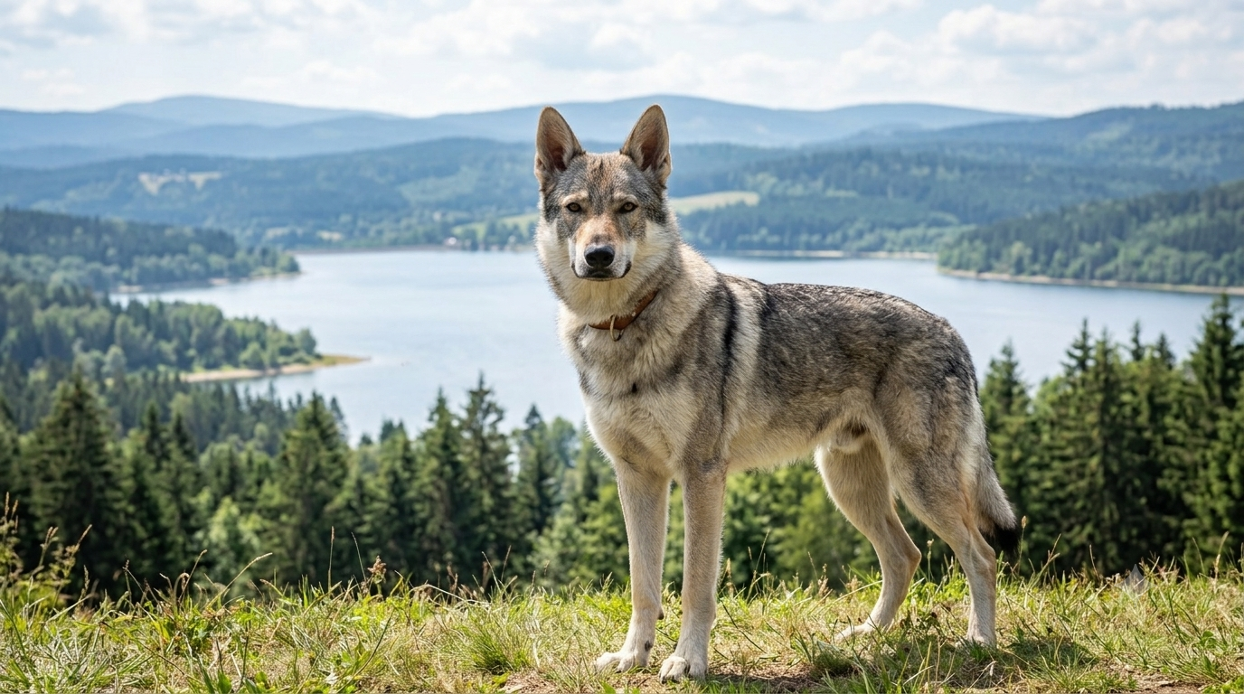 Ein fotorealistisches, KI-generiertes Bild - Tschechoslowakischen Wolfhund, stehend in einer weiten, typisch tschechoslowakischen Landschaft. 