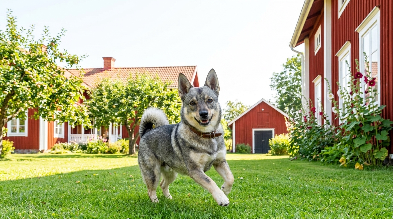 Ein fotorealistisches, KI-generiertes Bild eines Västgötaspets, der spielend und tollend im Garten eines typischen schwedischen Landhauses in Falu-Rot eingefangen wurde und fröhlich in die Kamera blickt.