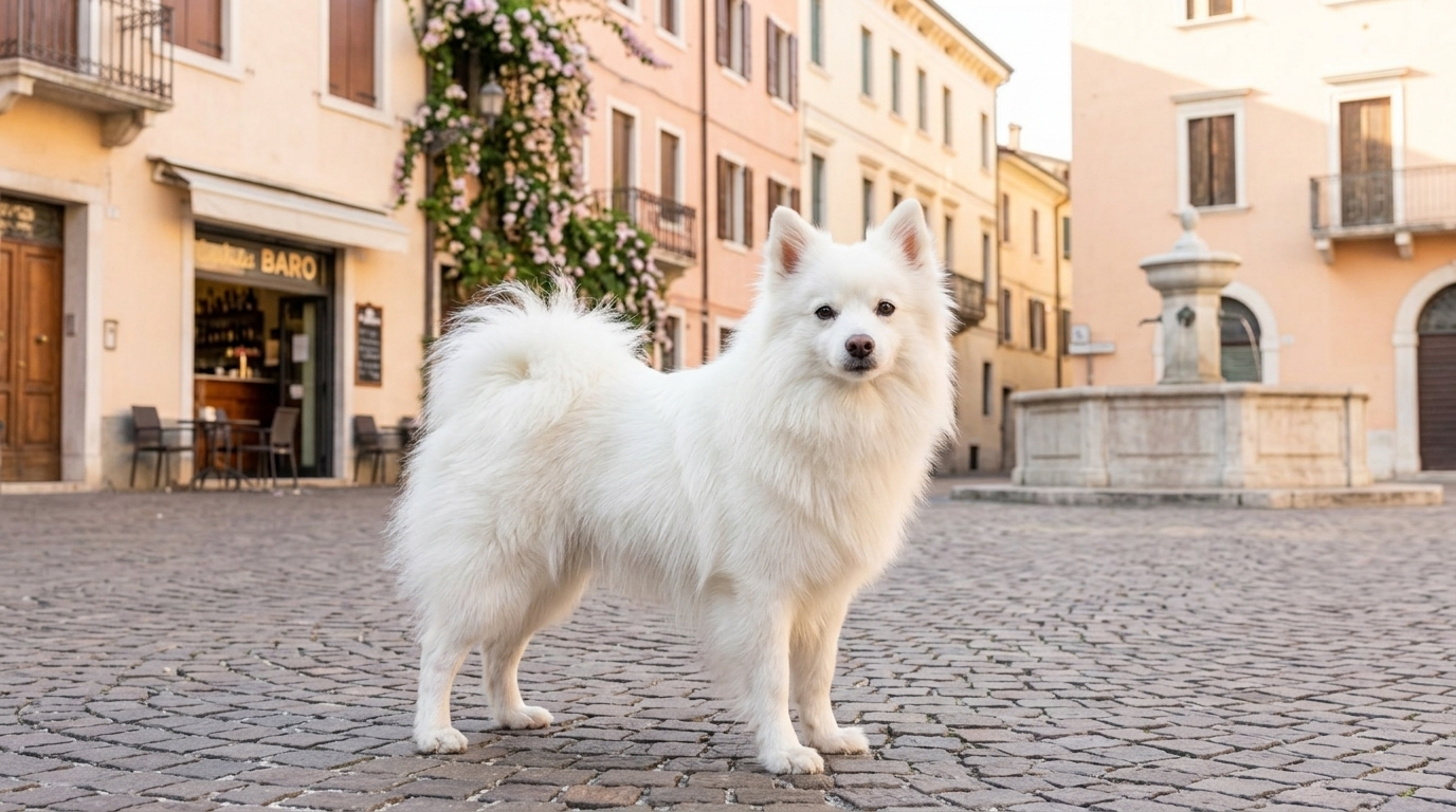 Ein fotorealistisches, KI-generiertes Bild eines flauschigen, weißen Volpino Italiano, der elegant auf einer Piazza in einer Stadt in Norditalien steht, umgeben von historischen Gebäuden mit pastellfarbenen Fassaden im Nachmittagslicht.