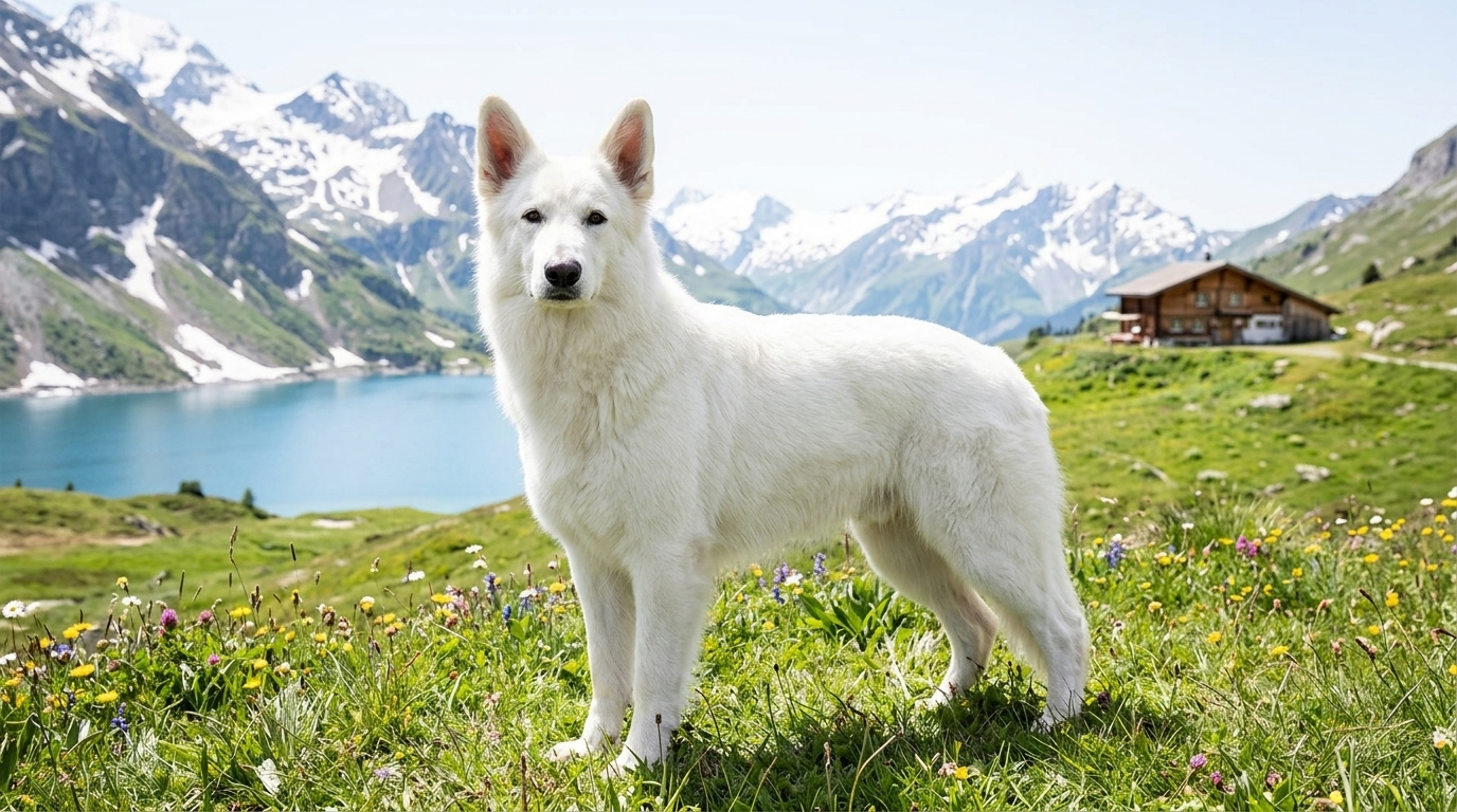 Ein fotorealistisches, KI-generiertes Bild eines Weißen Schweizer Schäferhundes, der majestätisch auf einer alpinen Wiese vor einem klaren Bergsee und schneebedeckten Schweizer Alpen steht.
