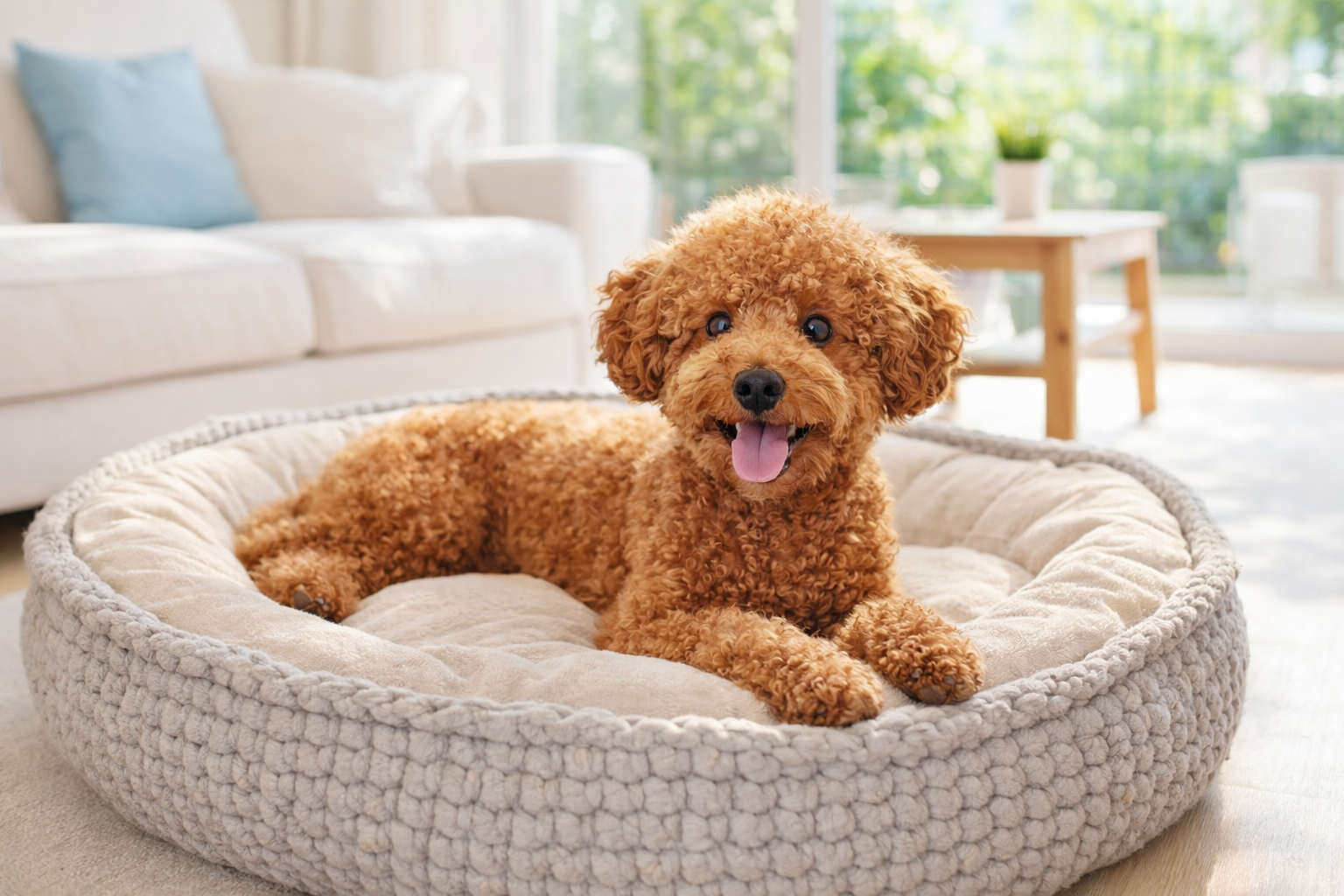 Fotorealistisches KI-Bild eines Zwergpudels mit apricotfarbenem, lockigem Fell, der gemütlich in einem weichen Hundekorb in einem hellen, modernen Wohnzimmer liegt und direkt in die Kamera schaut.