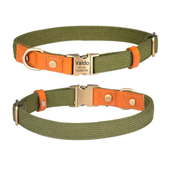 Hundehalsband "Valdo" mit Gravur – robustes PE-Gewebe & Leder – Messing matt – Marineblau, Hellblau oder Grün (S–L)