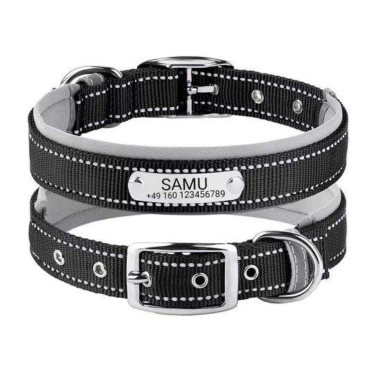 Graviertes Hundehalsband "Samu" mit Reflektor-Sicherheitsnähten. Personalisierung mit Name und Telefon