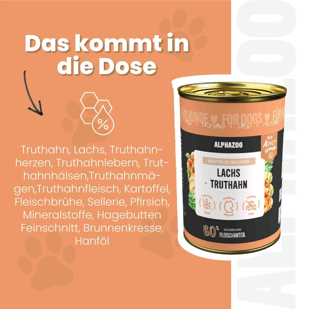 Lachs + Truthahn Nassfutter für Adult Hunde 400g/Dose