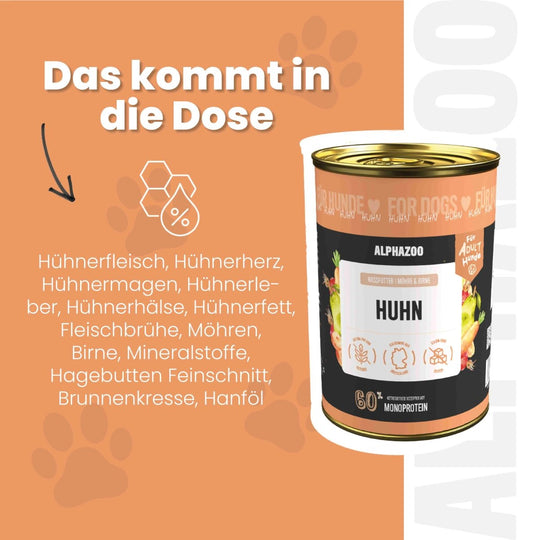 Monoprotein Huhn Nassfutter für Hunde 400g/Dose