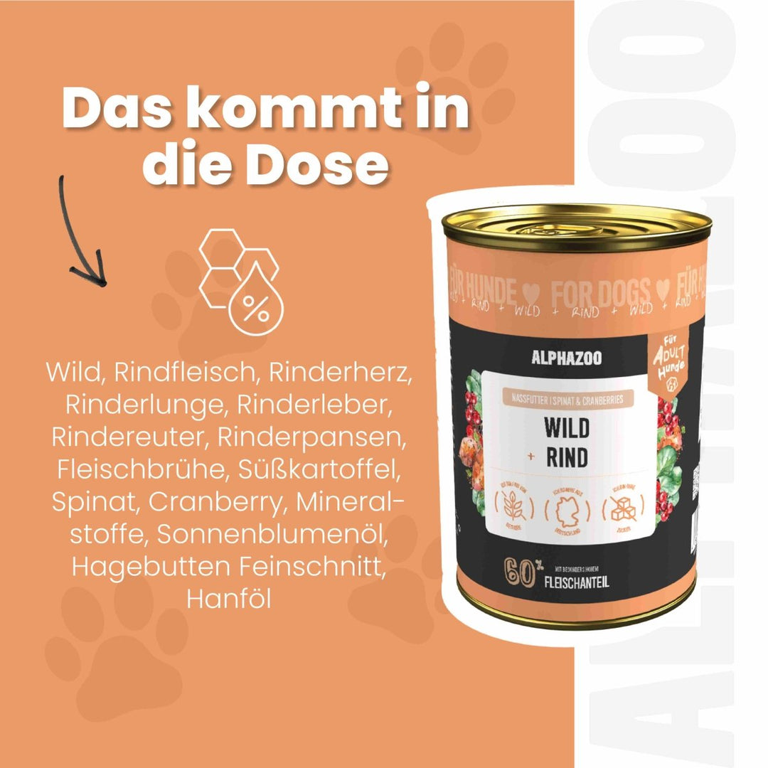 Wild + Rind Nassfutter für Adult Hunde 400g/Dose