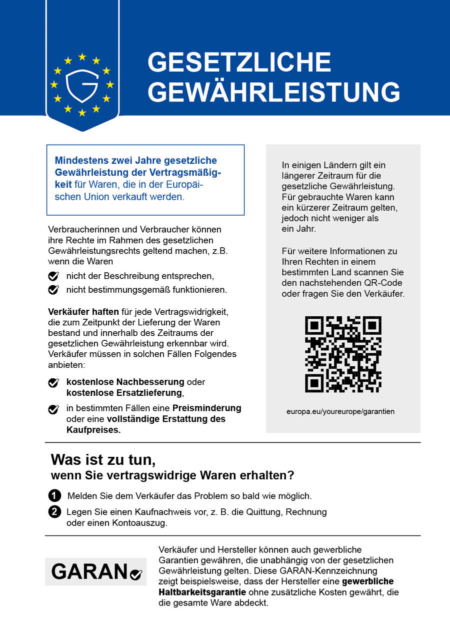 Gesetzliches Gewährleistungslabel der Europäischen Union: Mindestens zwei Jahre gesetzliche Gewährleistung der Vertragsmäßigkeit für Waren, die in der Europäischen Union verkauft werden.